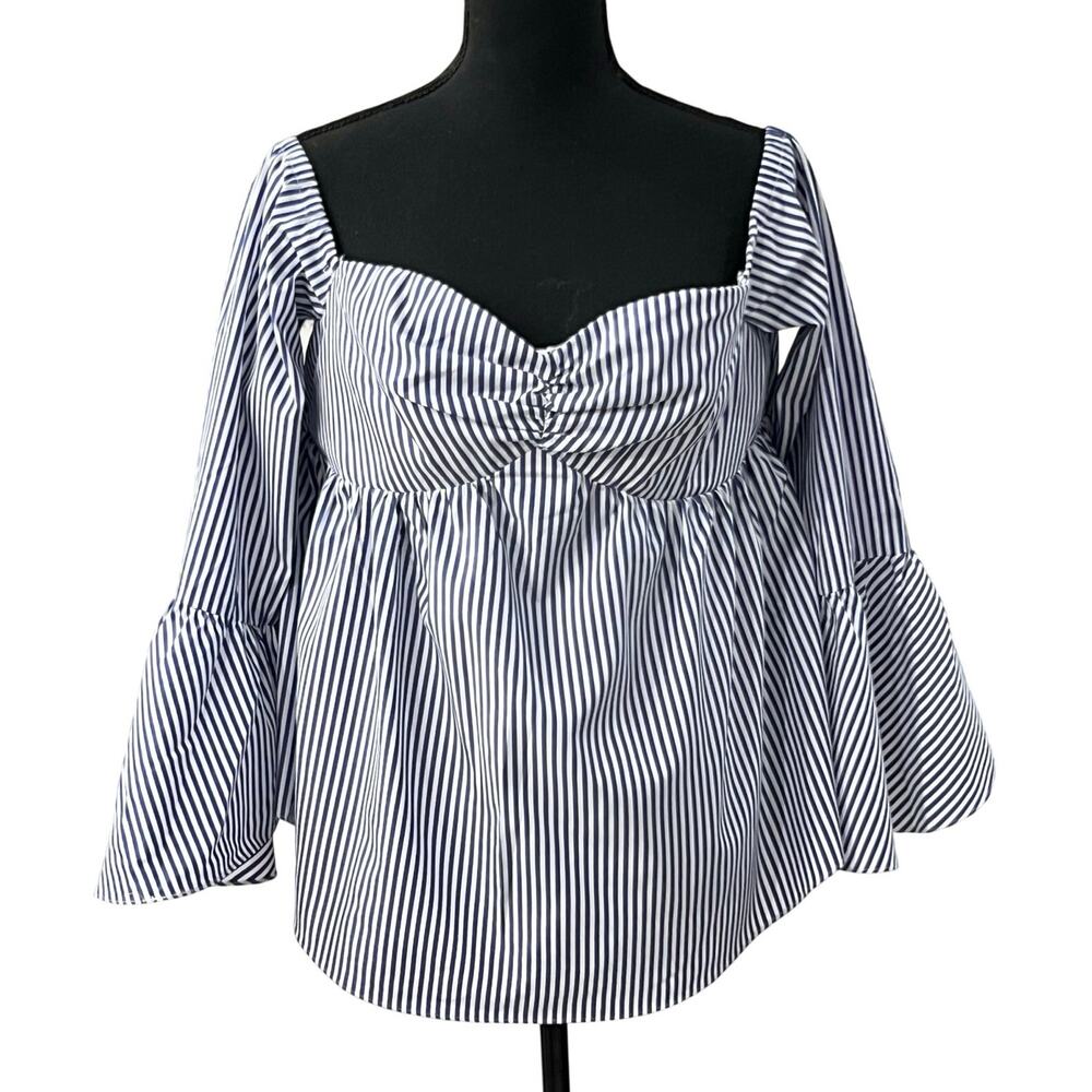 NWT Buffalo David Bitton Blouse Blue White Stripe Poplin Women's XL Bell Sleeve